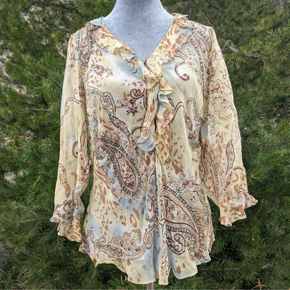 Vintage Y2K Beaded Paisley Top M/L Sheer Chiffon Ruffle Blouse Sequin Fairy